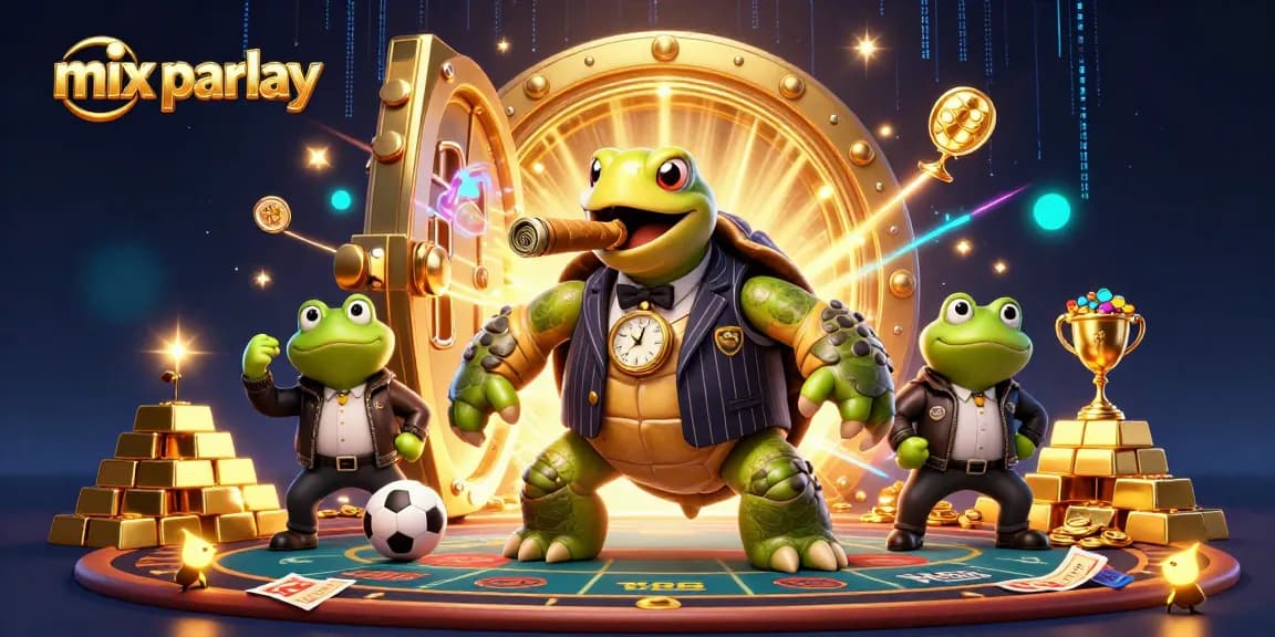 Bet on a mix parlay while enjoying a dynamic casino scene with a snapping turtle and bullfrogs.