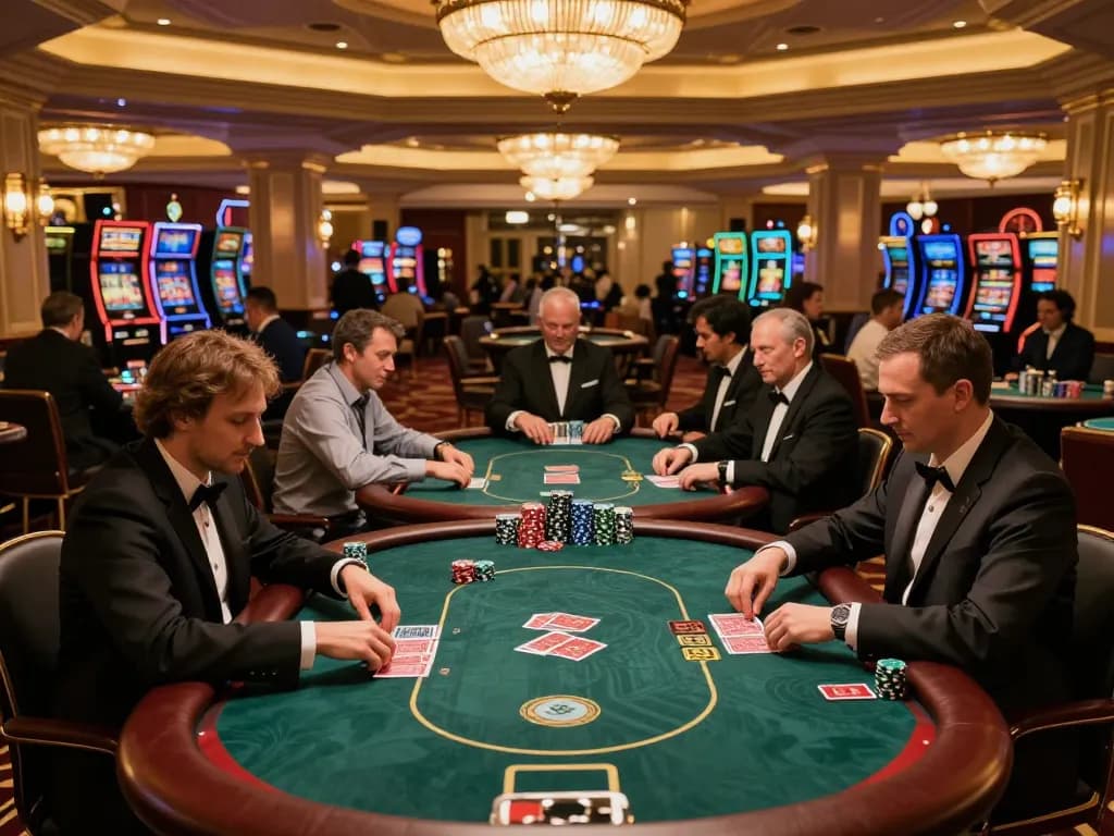 Players at 888new engaging in an exciting poker game with luxurious casino decor