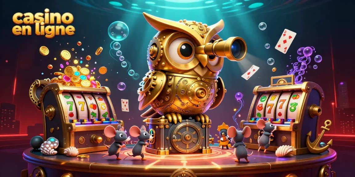 Découvrez un casino en ligne animé avec un hibou d'or et des souris entre les machines à sous.