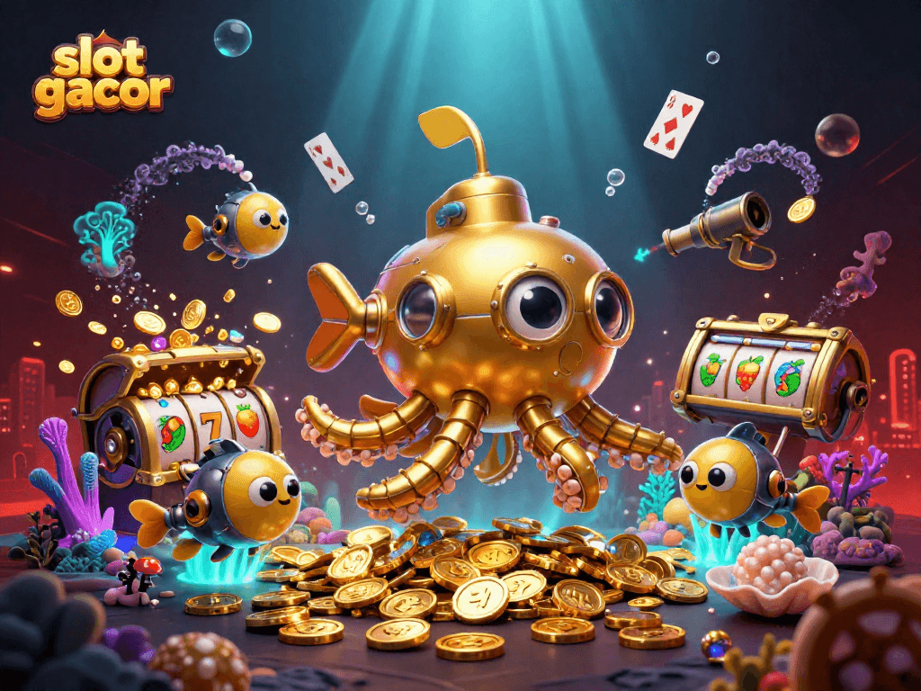 Uji slot gacor dengan simbol keberuntungan dan harta karun digital di lautan koin emas.