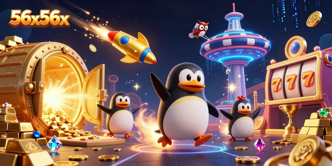 Experience the thrill of 56x56x as the golden penguin pushes through a vibrant casino scene.