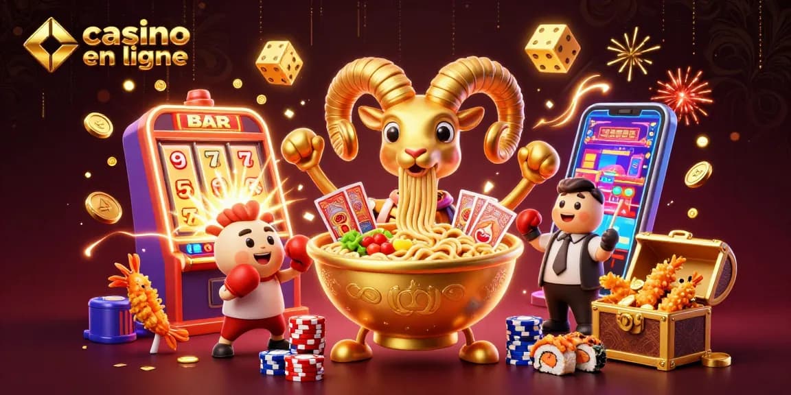 Jouez à casino en ligne avec des personnages de casino 3D, un bol de ramen et des animations dynamiques.