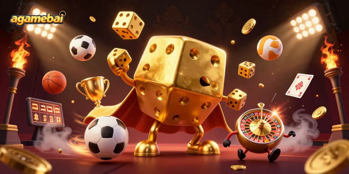 Join the action with agamebai's animated dice golem and colorful sports elements in a vibrant casino scene.