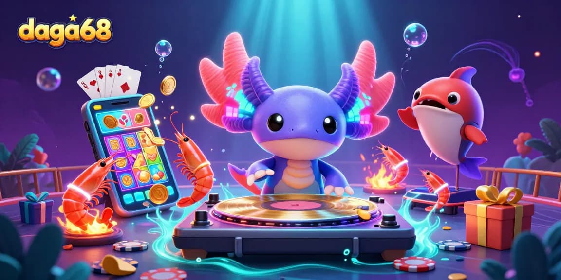 Daga68 engages cockfighting bettors with a vibrant scene featuring a neon axolotl DJ and dynamic casino elements.