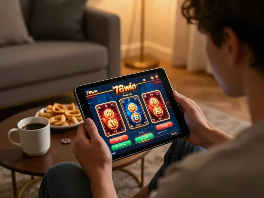 Engaged player using 78win casino app for online gaming in a cozy living room setting.