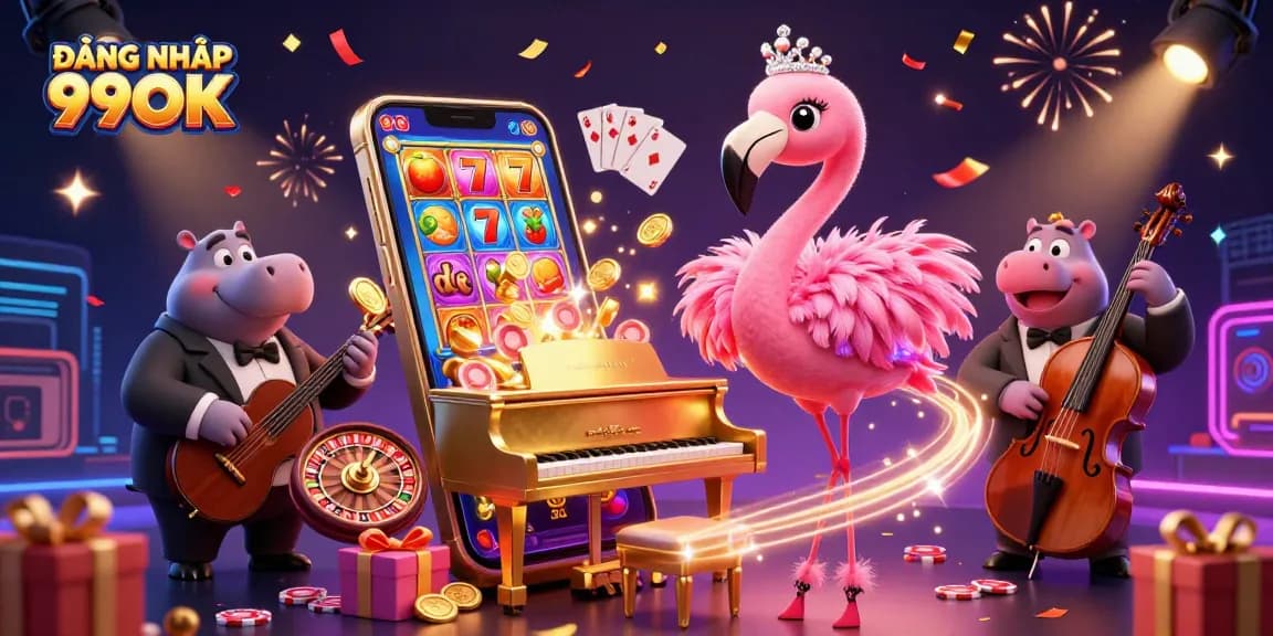 Experience the excitement of ĐĂNG NHẬP 99OK with a vibrant casino scene of singing flamingo and hippo bassist.