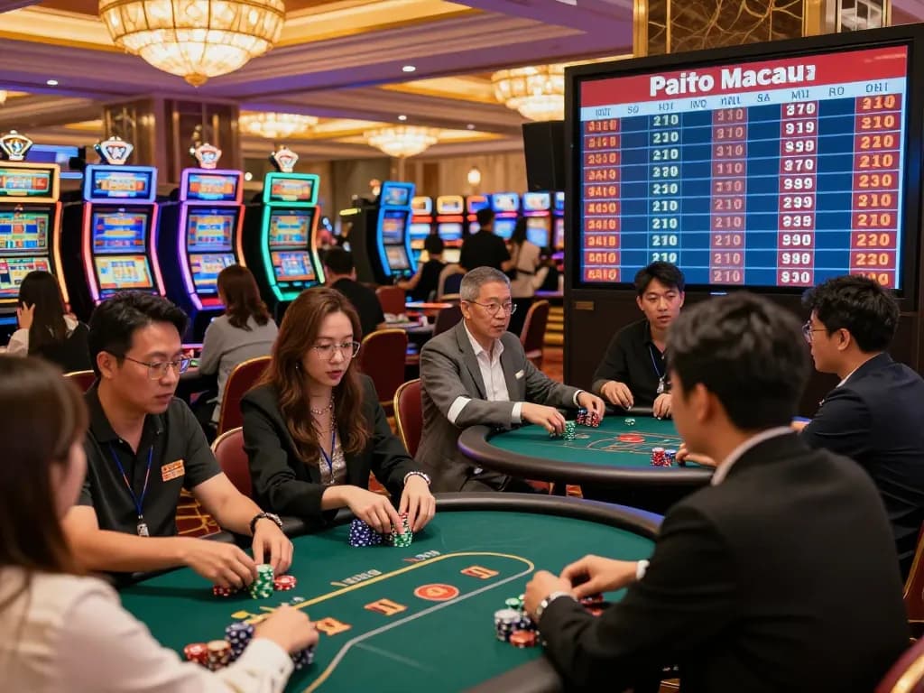 Paito macau gaming action with players engaged in a lively Toto game, vibrant casino atmosphere capturing the thrill of gambling.