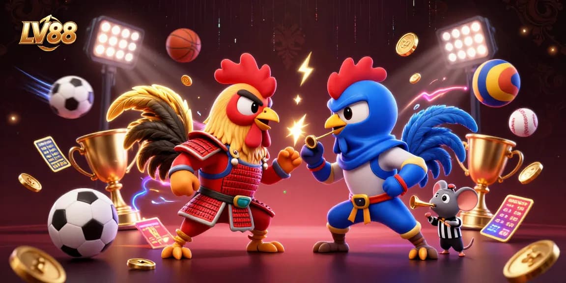 Engage in LV88 betting excitement with dynamic fighting roosters and sports action elements.