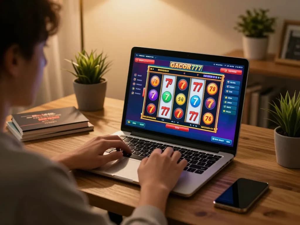 Player engaging with the slot gacor 777 game on laptop, showcasing vibrant graphics in a cozy setting.