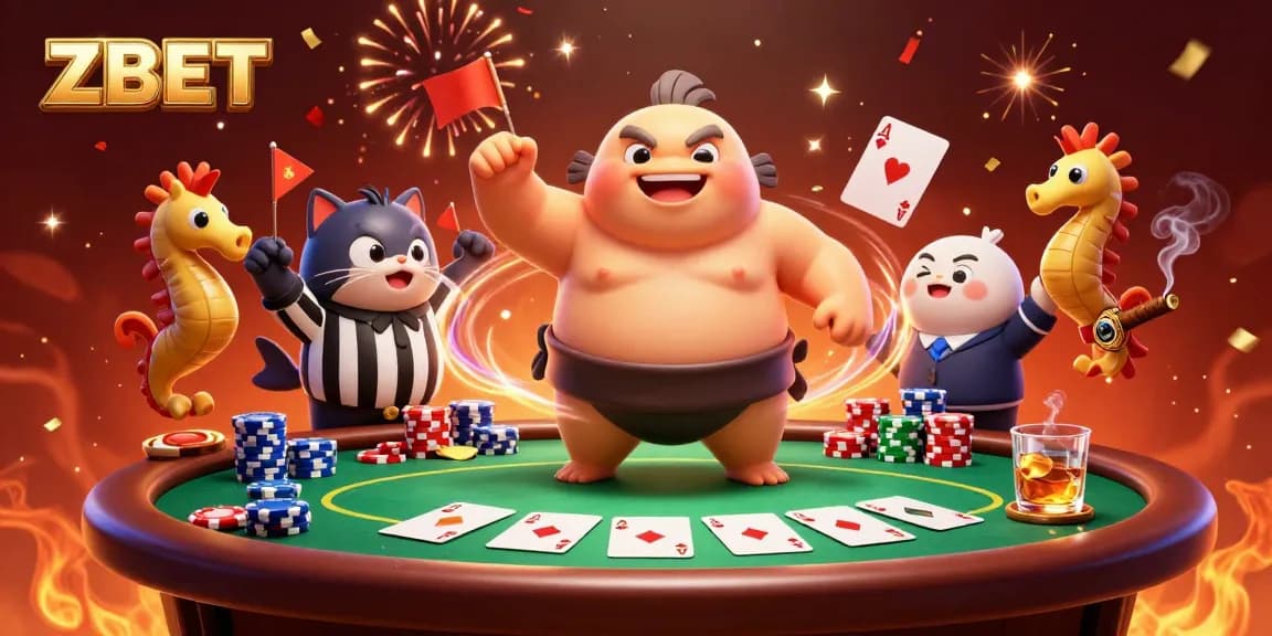 ZBET showcases a vibrant underwater poker scene with a fugu in a sumo belt, catfish referee, and poker elements.