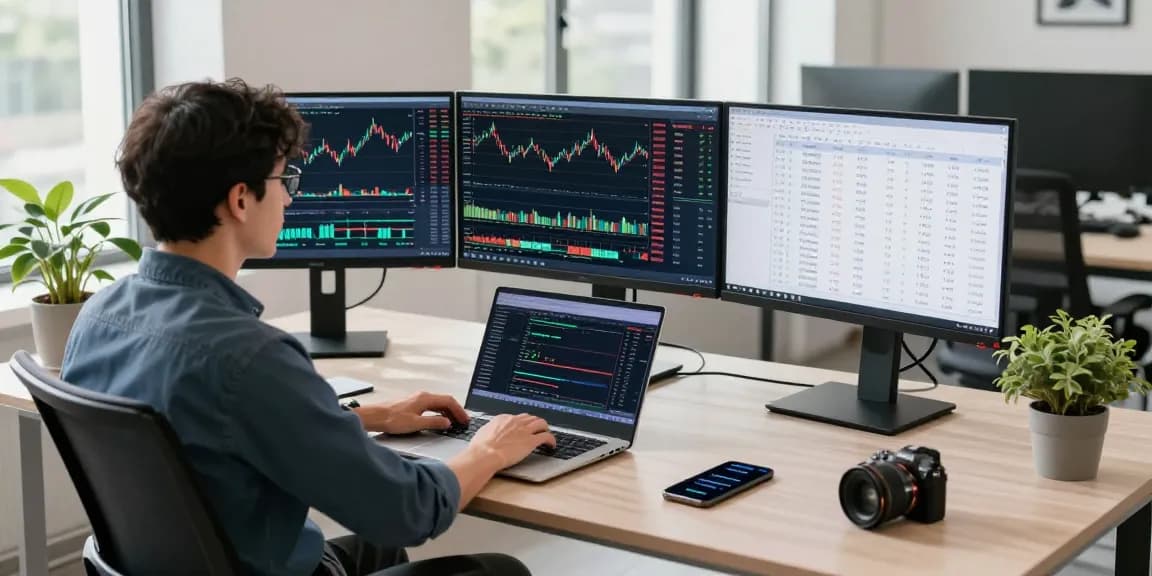 Trader using MetaTrader 5 platform on multiple monitors in a modern workspace.
