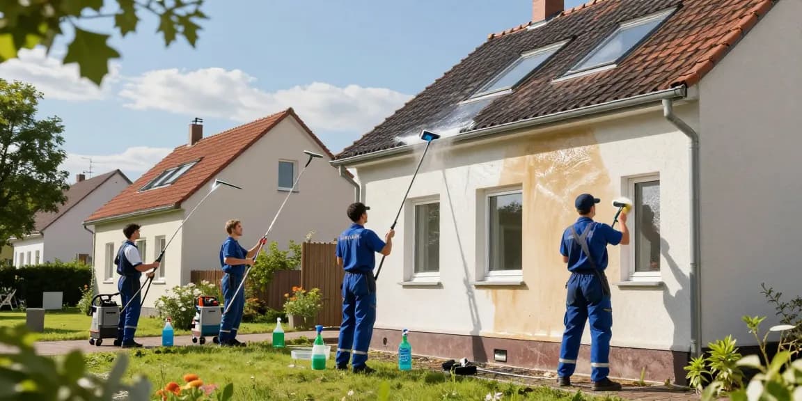 Professionelle Reinigung Dassel: Team reinigt Fassade und Dach umweltfreundlich.