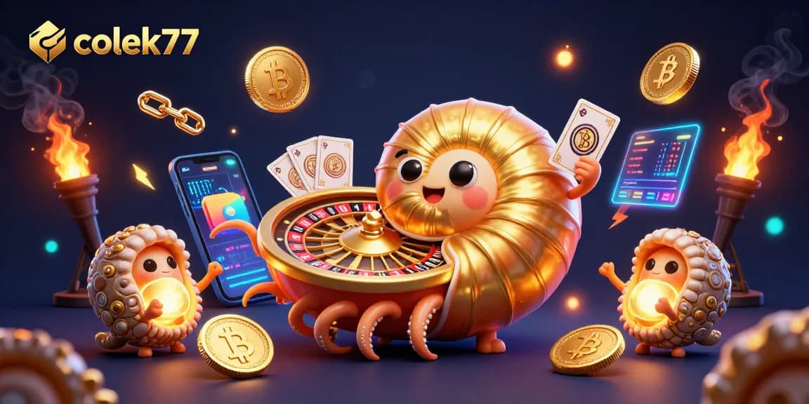 Engage with colek77 casino experience showcasing a giant nautilus and glowing cryptocurrency coins.