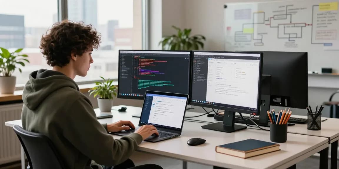 Developer focused on telegraimin.com in a modern tech workspace with dual monitors and a city view.