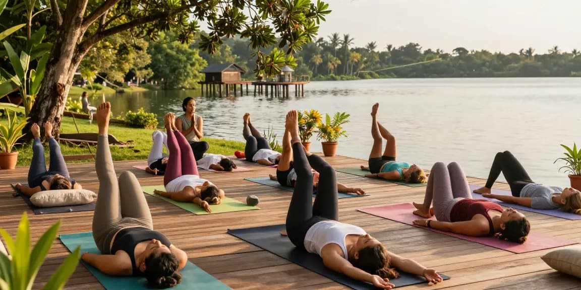 Students practicing 100 hour yoga teacher training Sri Lanka on the shores of Koggala Lake, surrounded by nature.