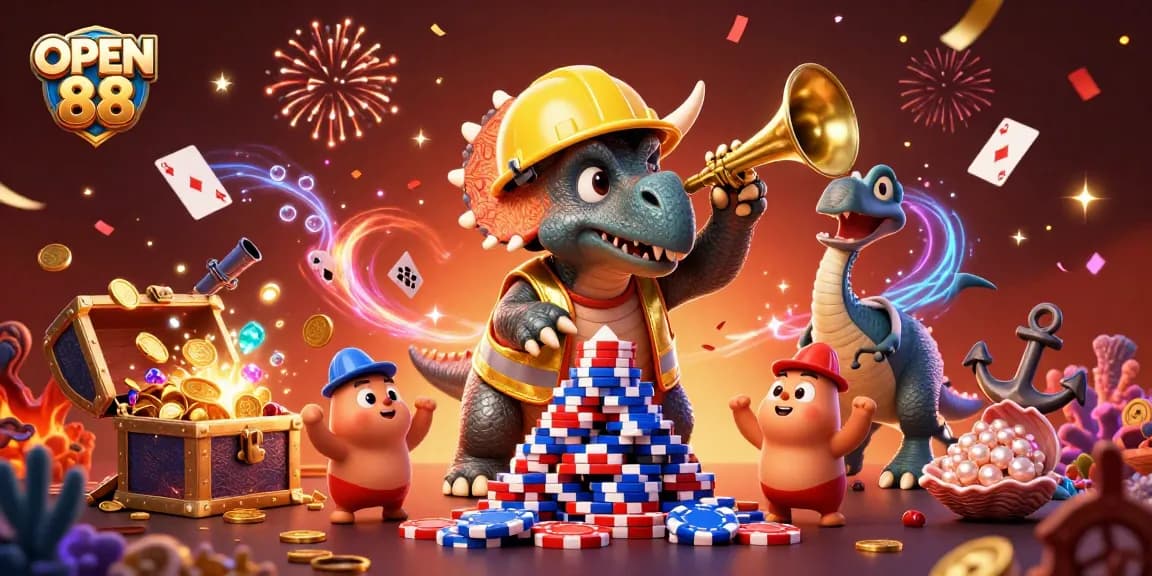 Join the excitement at OPEN 88 with captivating 3D characters celebrating casino wins.