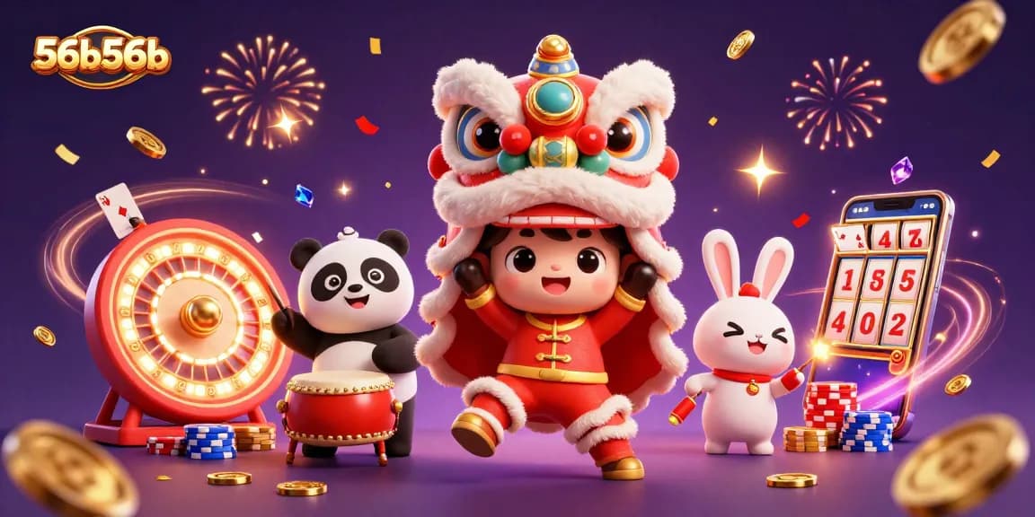 Experience the thrill of 56b56b with a vibrant lion dance and festive gambling elements.