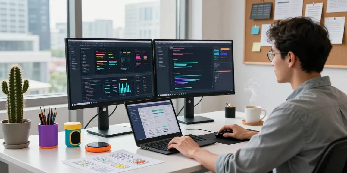 Developer analyzing NAGA2000 data at modern tech workspace, showcasing productivity and innovation.