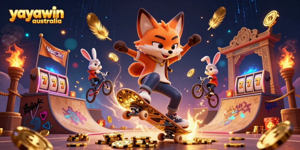 Experience the excitement of yayawin australia with vibrant casino-themed 3D characters performing tricks on a backdrop of slot machines and poker chips.