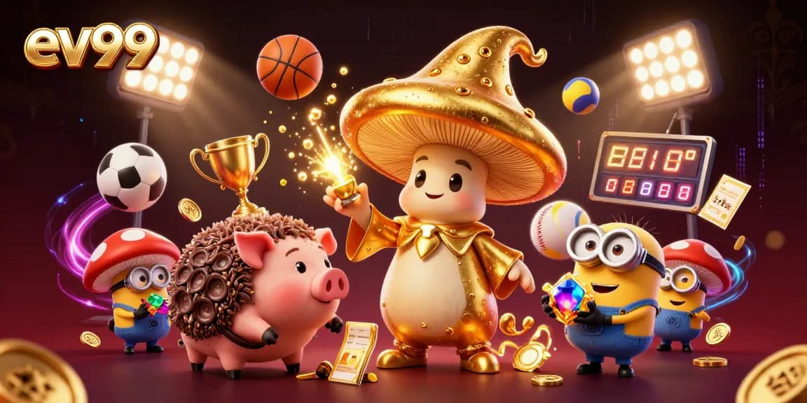 Explore the vibrant ev99 scene with magical characters and dynamic sports betting elements in an engaging casino illustration.