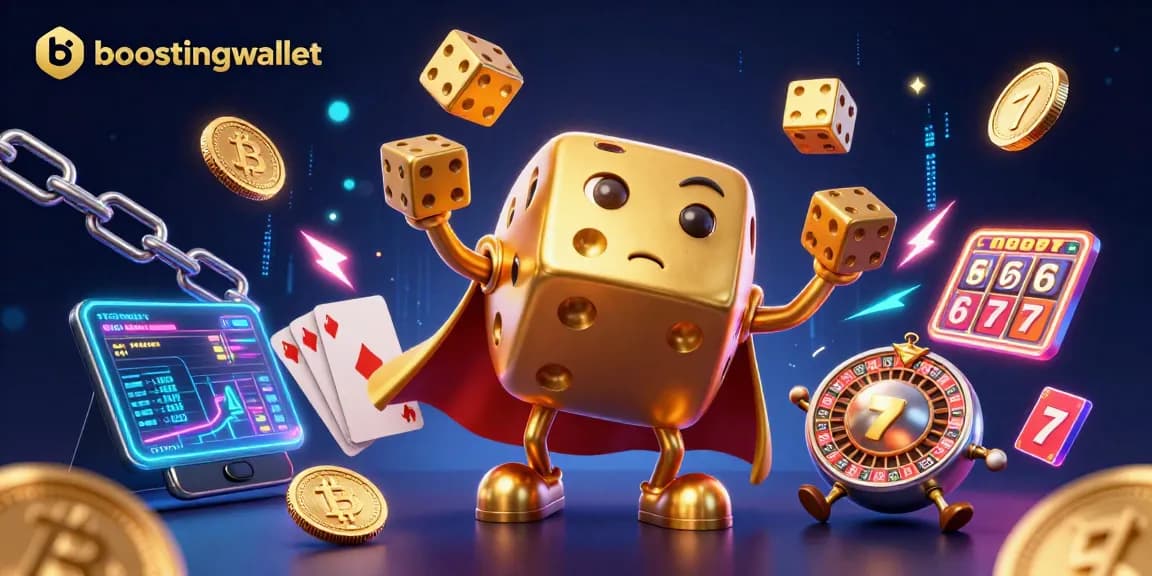 Boostingwallet showcases a vibrant scene with casino elements and crypto, featuring a golden dice golem.