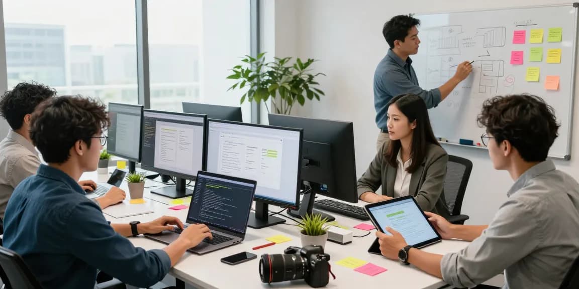 Team collaboration in a web development Malaysia office, showcasing designers and developers crafting innovative solutions.
