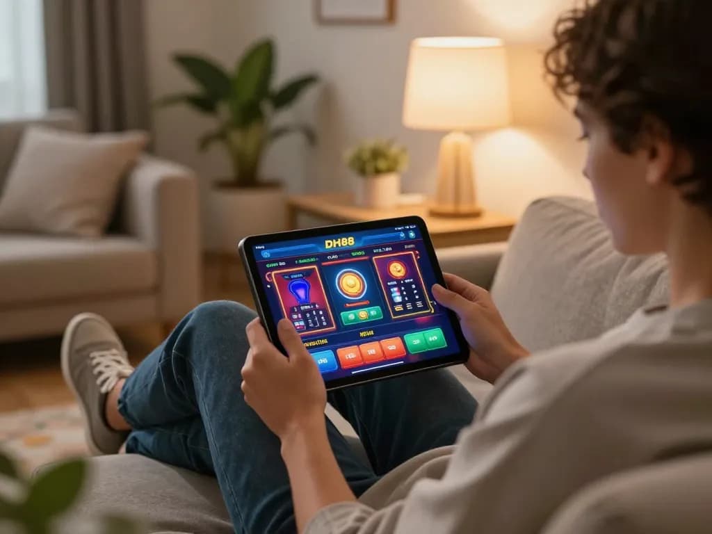 Engaging with DH88 online casino interface on a tablet in a cozy home setting