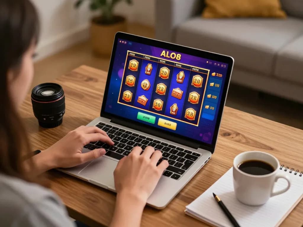 Engaging with ALO8 online casino on a laptop, showcasing a winning slot game.