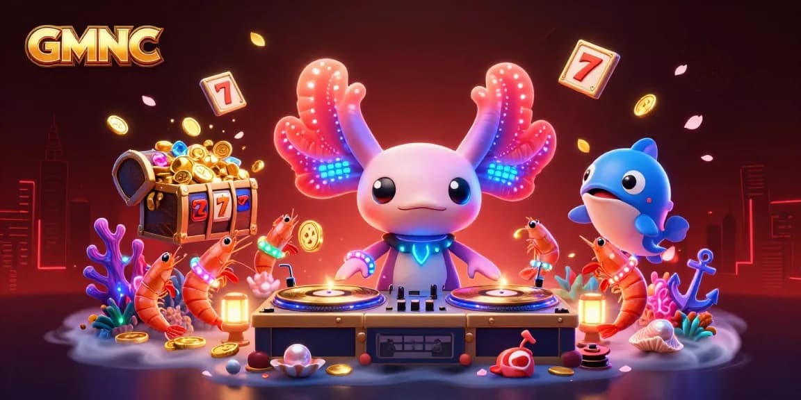 GMNC presents a vibrant underwater casino scene with a dynamic neon-colored DJ and engaging gaming elements.