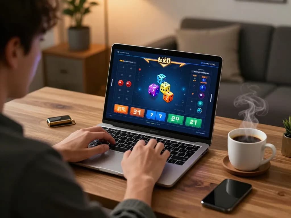 Tai xỉu online gameplay showing a user engaged on a laptop with dice results visible