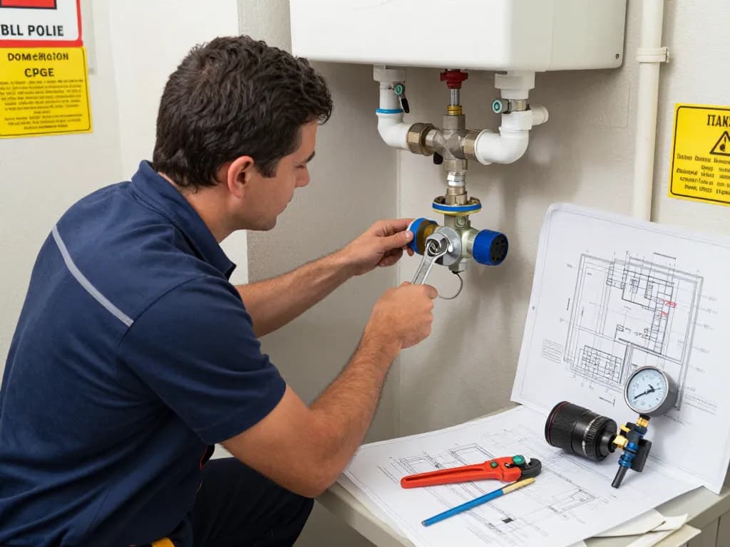 Backflow in plumbing installation with licensed plumber securing a preventer device in an urban commercial space.