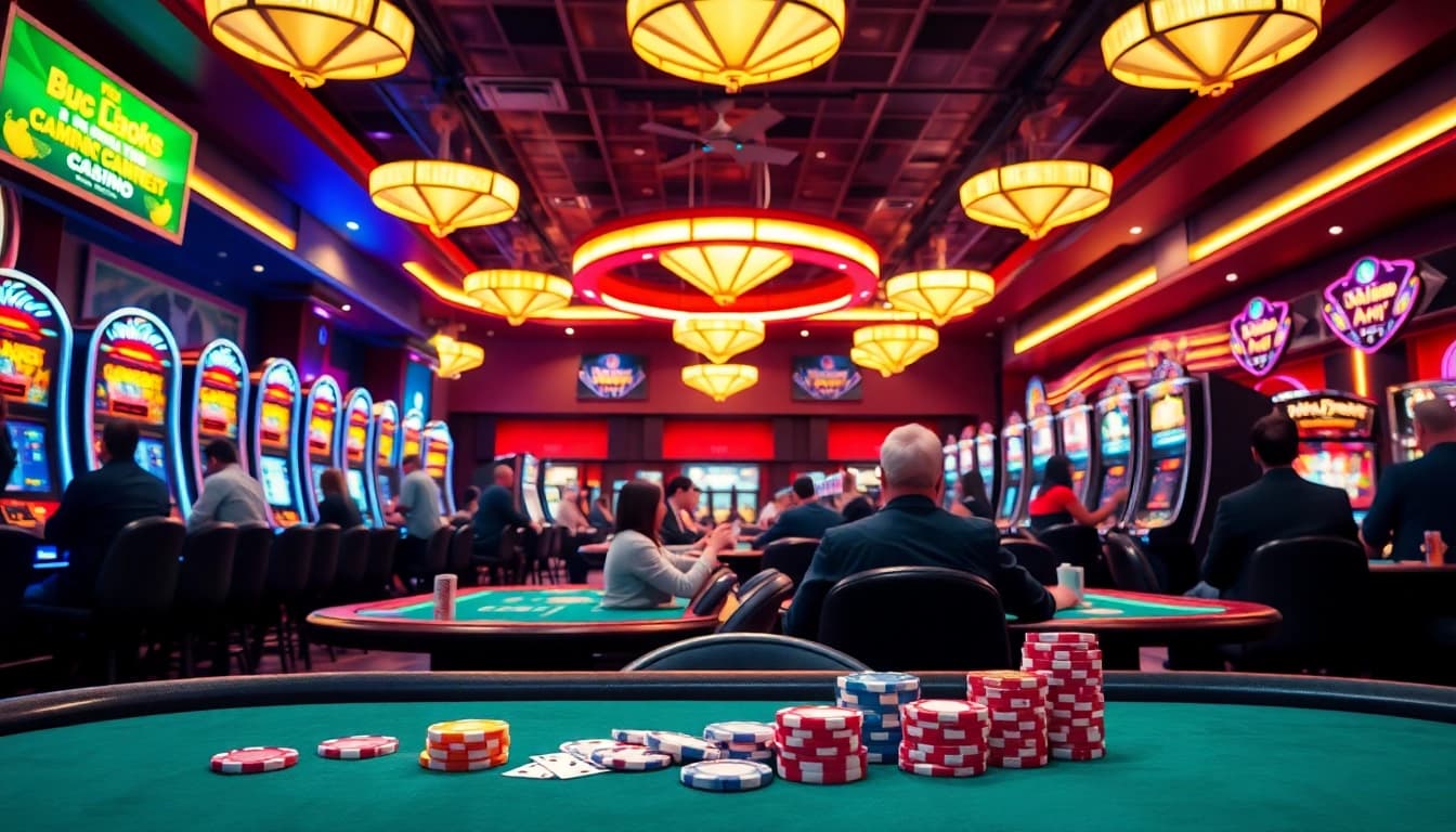 Engage with 92 pkr login at a vibrant casino gaming scene with players and neon lights.