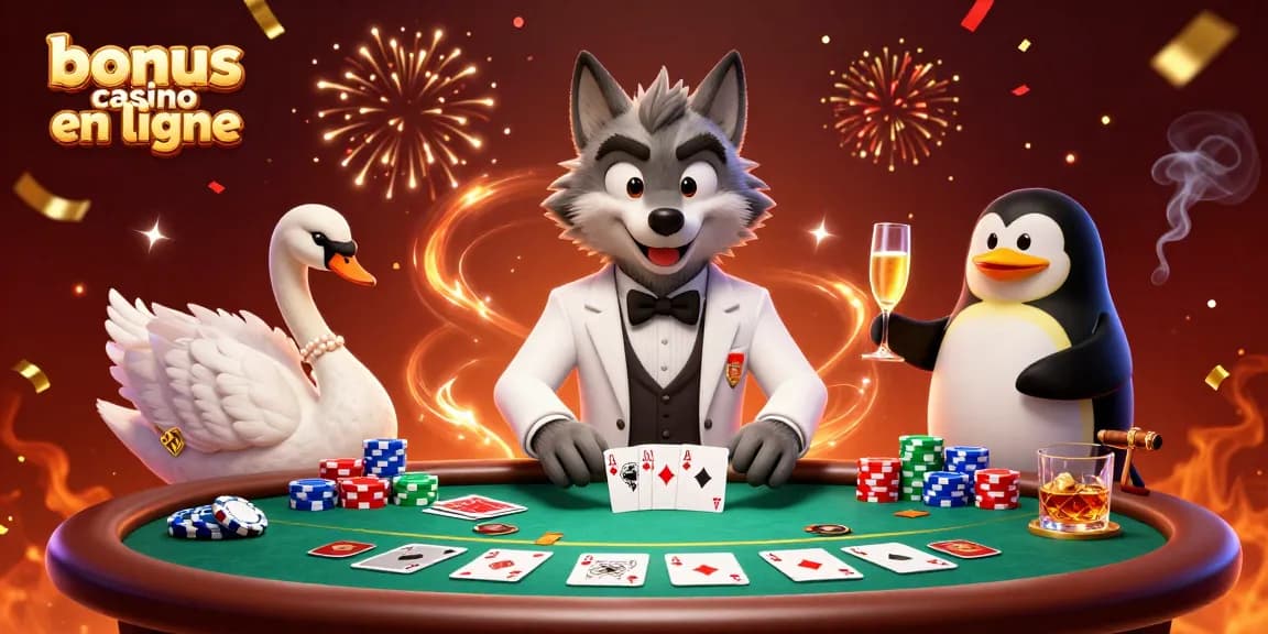 Profitez des bonus de casino en ligne avec un loup élégant, un cygne dealer et un pingouin sommelier.