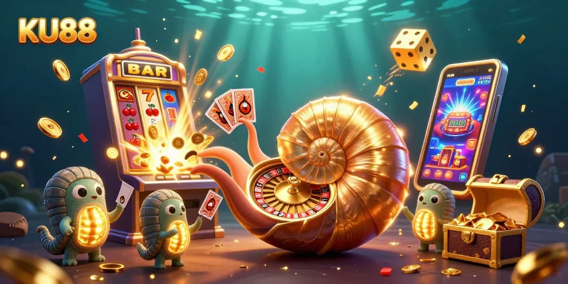 Experience exciting wins with KU88's vibrant casino gaming scene featuring a giant nautilus roulette wheel.