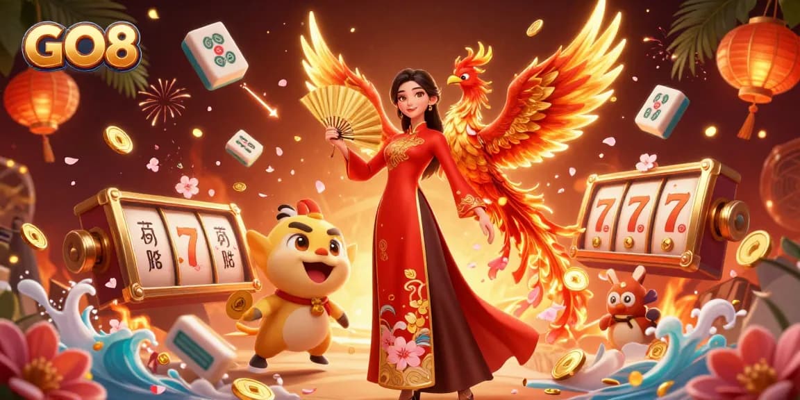 Engage with thrilling GO8 online slots featuring a beautiful ao dai woman, phoenix, and vibrant casino elements.