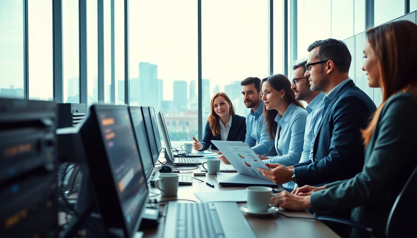IT professionals collaborating in a vibrant office highlighting msp companies near me.