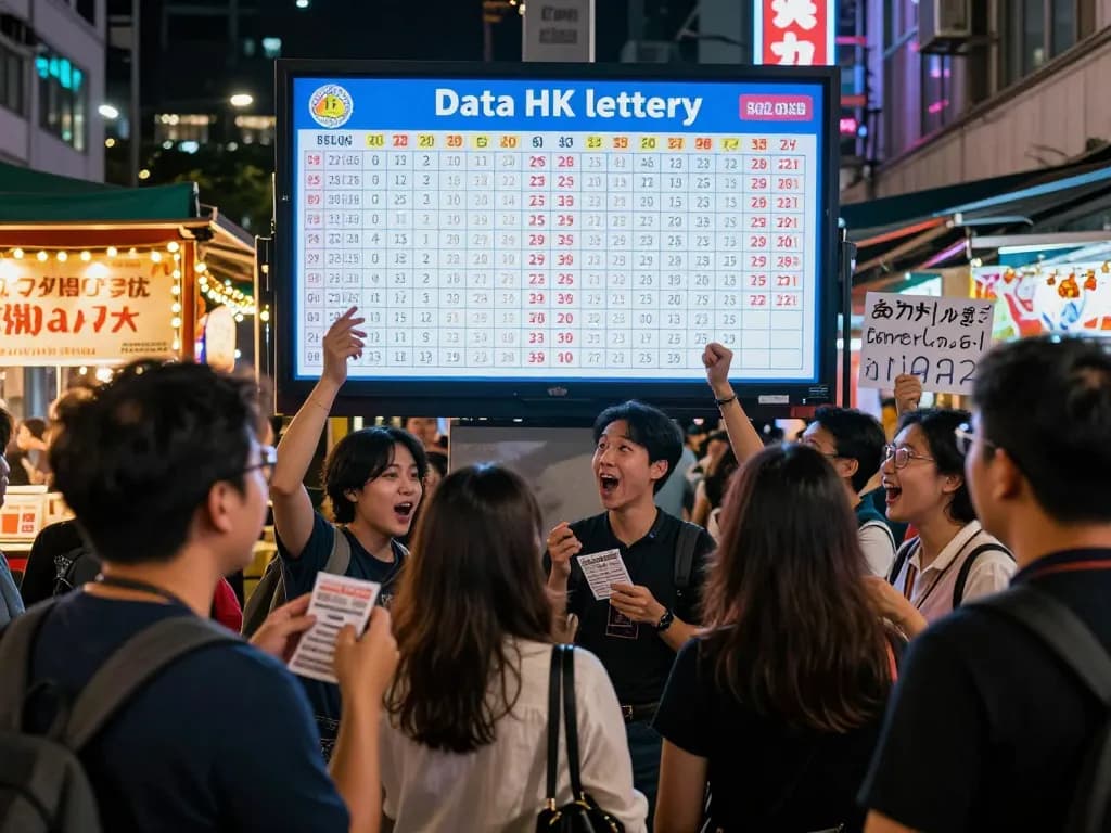 Group excitedly checking Data HK lottery results in vibrant urban setting at night.