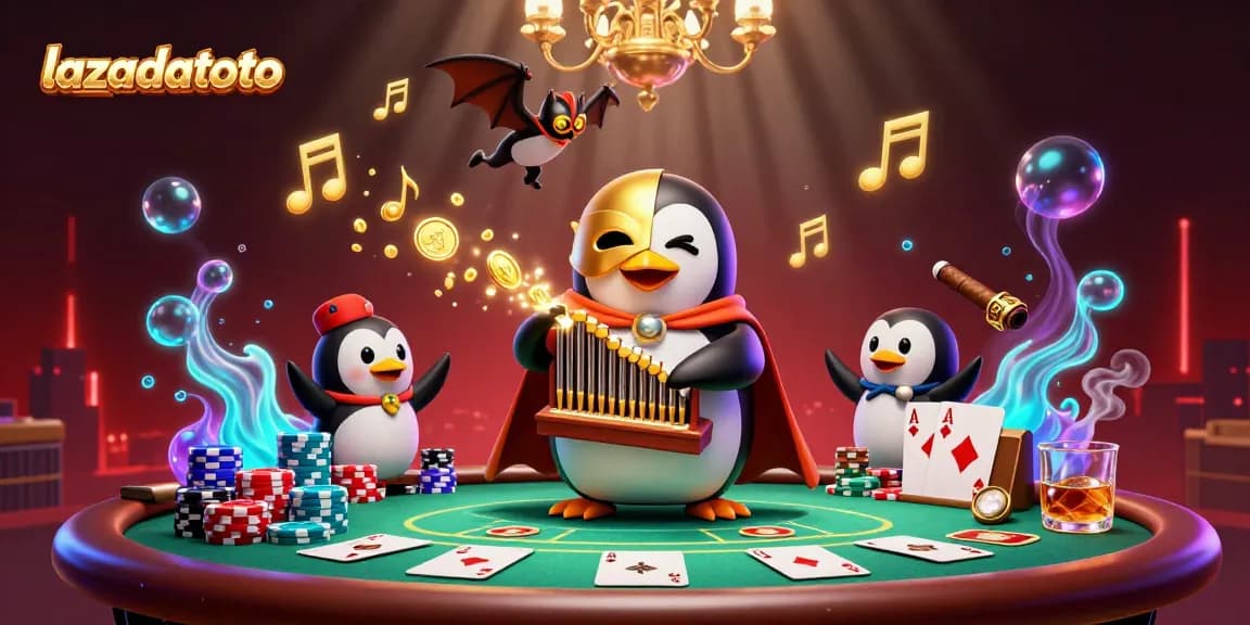 Experience the excitement at lazadatoto with a vibrant casino scene featuring a playful penguin and dynamic poker action.