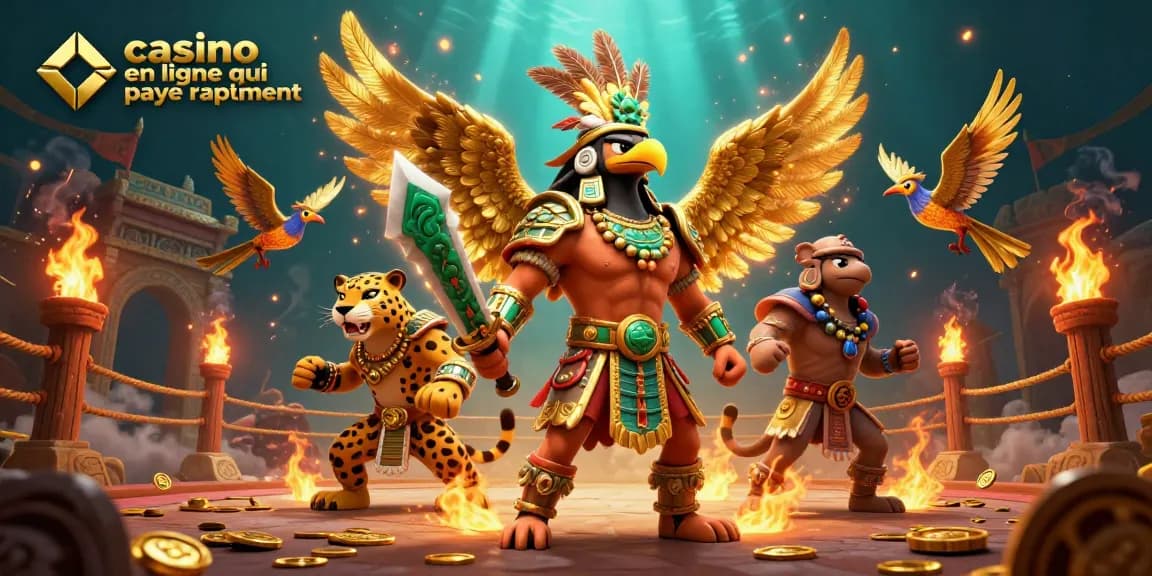 Profitez des jeux de casino en ligne qui payent rapidement avec une illustration fascinante d'un guerrier aztèque et un jaguar.