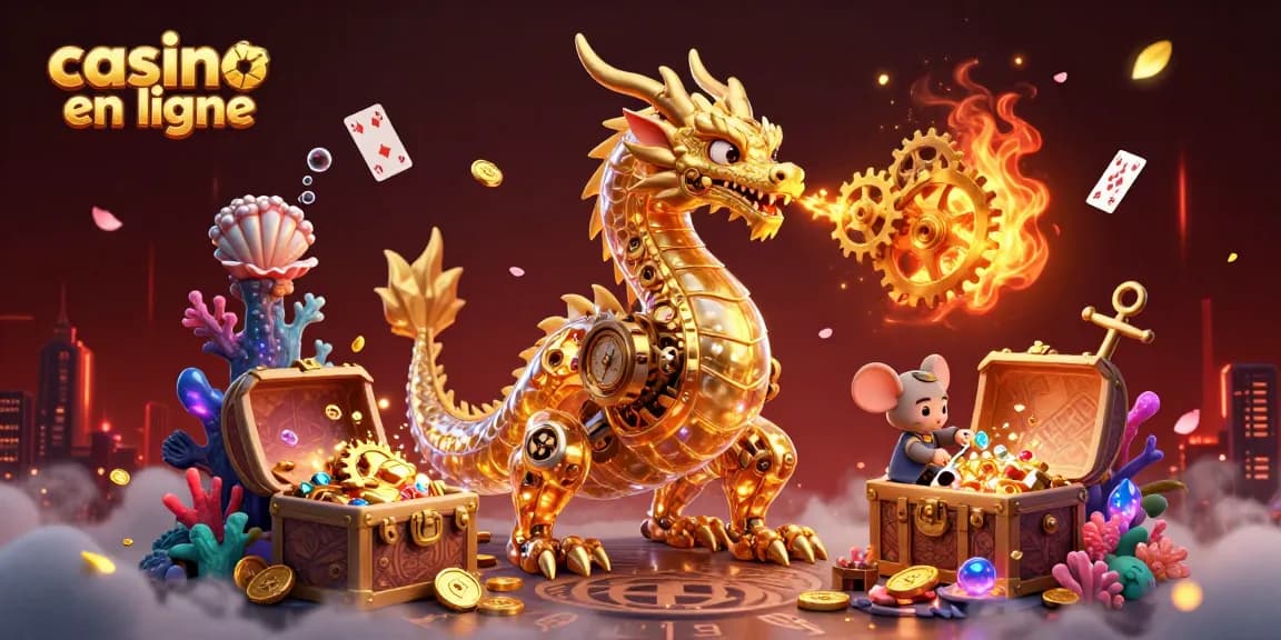 Illustration dynamique de dragon doré et trésors de casino en ligne, ambiance magique et immersive.