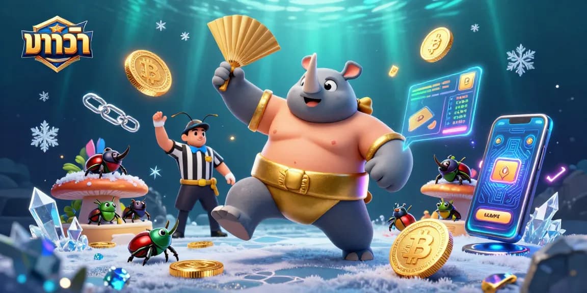 Experience the excitement of บาคาร่า with a vibrant 3D illustration of beetles, coins, and crypto elements.