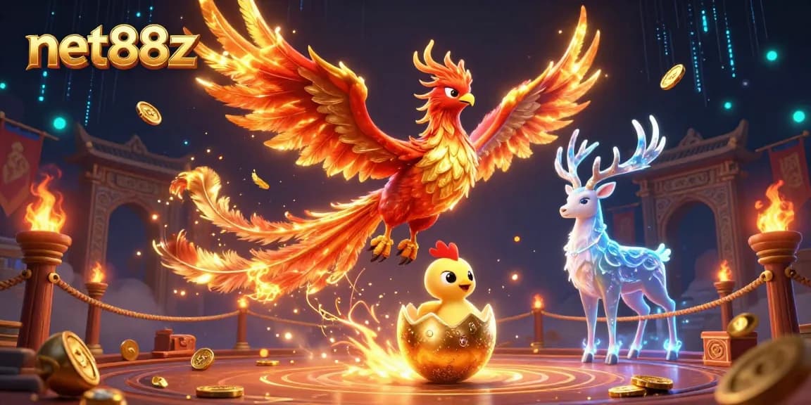 Engage with strategies at net88z featuring a dynamic illustration of a phoenix and stag in a casino scene.