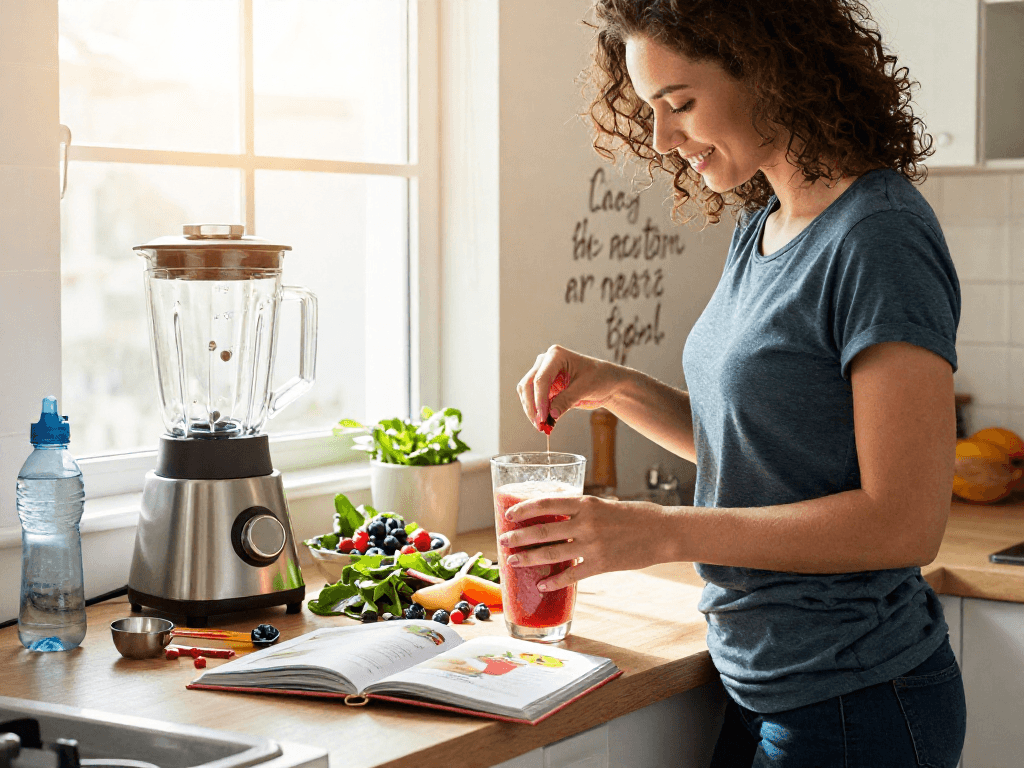 Preparing a healthy smoothie with astaxanthin supplement Canada in a bright kitchen for wellness.