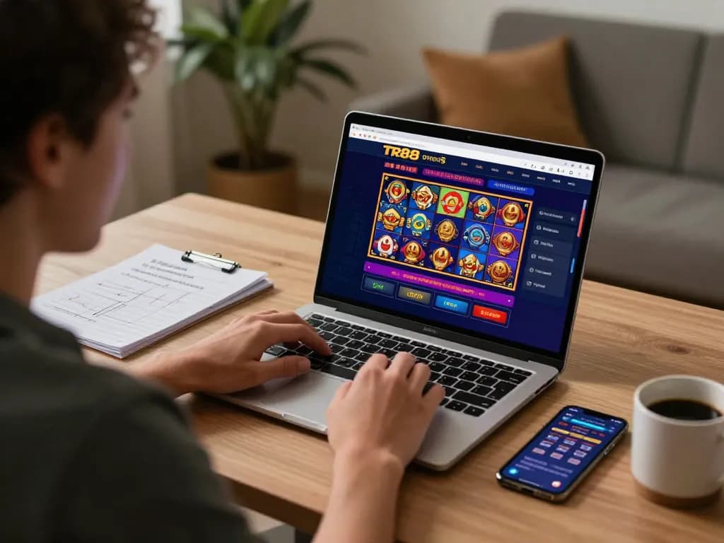 Player enjoying TR88's online casino games on laptop at home, highlighting a comfortable and responsible gaming environment.