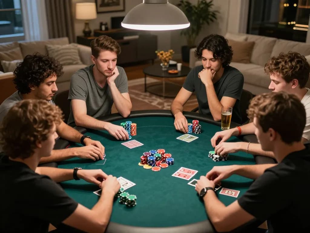 Engaging poker game scene showcasing friends strategizing around the table with nk88 link featured prominently in chips.