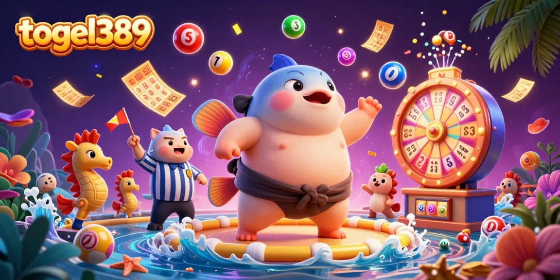Join the togel389 lottery fun with dynamic lottery elements and vibrant characters in this colorful 3D scene.