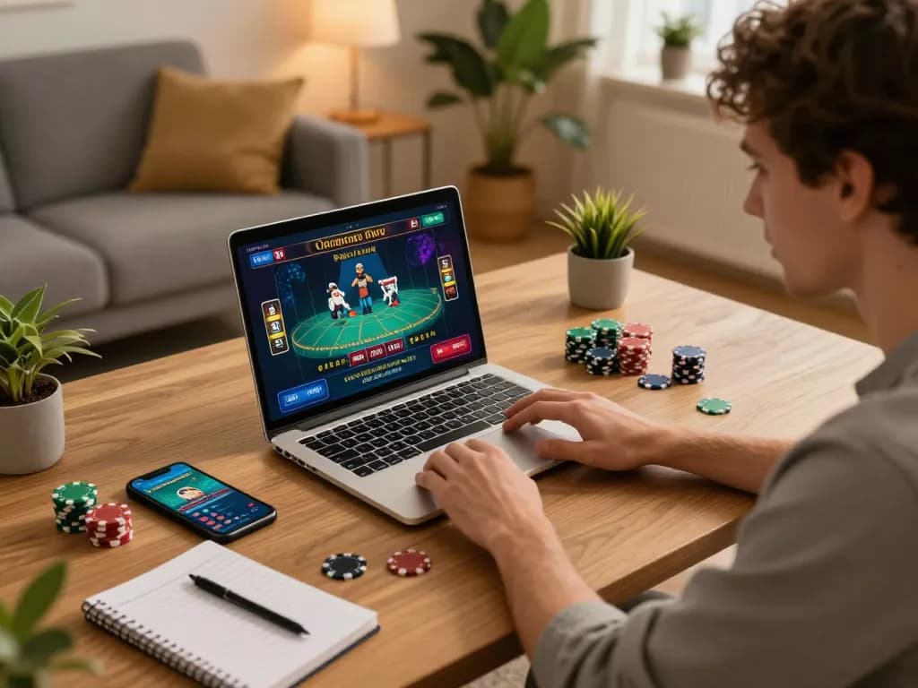 Engaging in live gaming at Rajampo situs from a cozy home setup, showcasing strategy and enjoyment.
