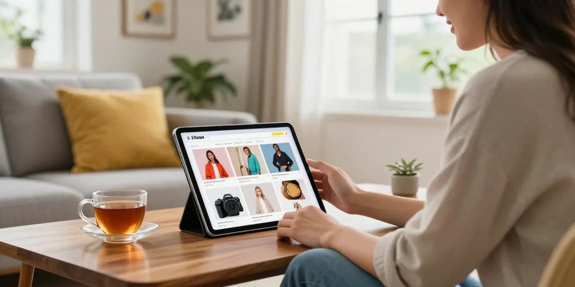 Browsing newbet4d trendy fashion items on a tablet in a cozy home.