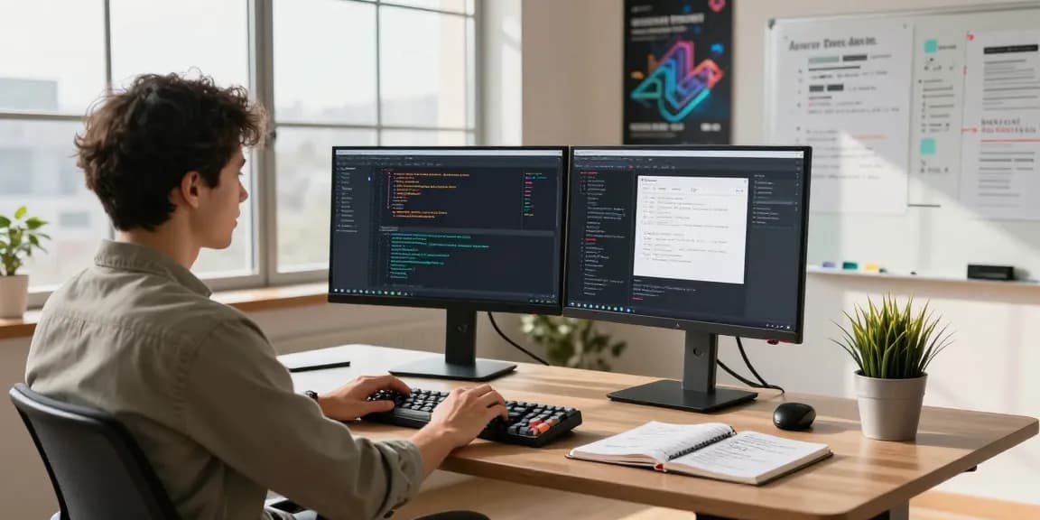 Custom CRM Development Services in a modern tech workspace with dynamic coding and design elements.