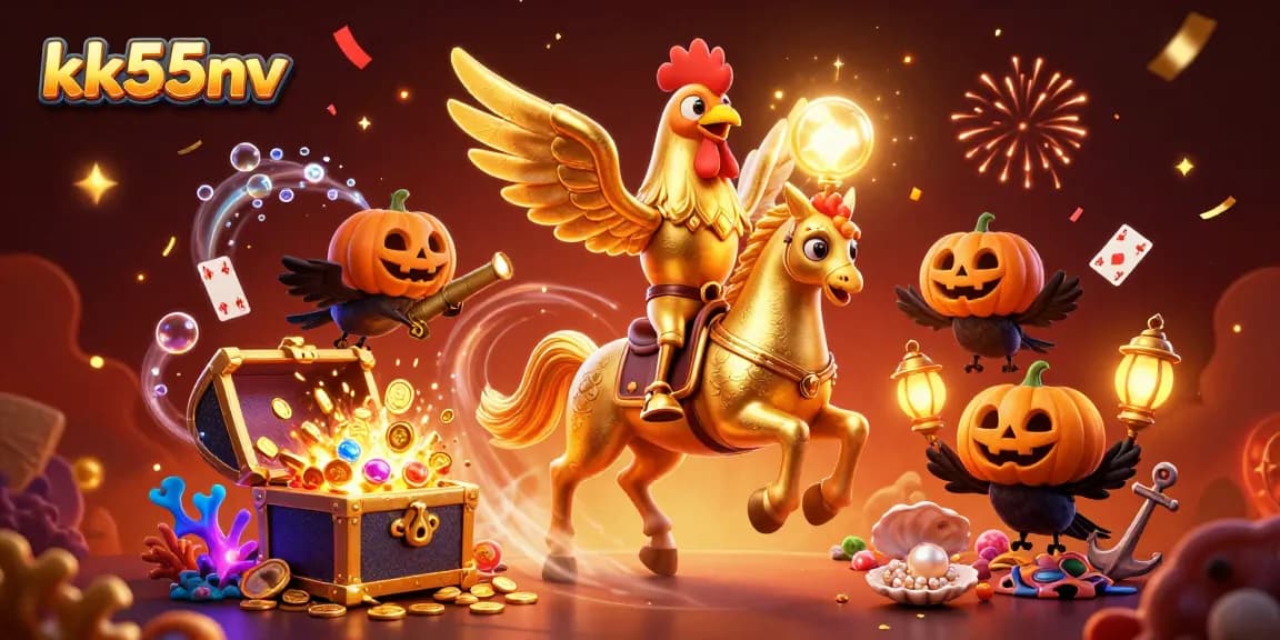 Engage with kk55nv's thrilling casino atmosphere featuring a dynamic golden rooster and treasure.